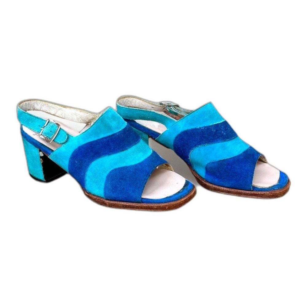 Open Toe Block Heel Funky Blue Teal Suede Slingback Sandals Women’s Size 5